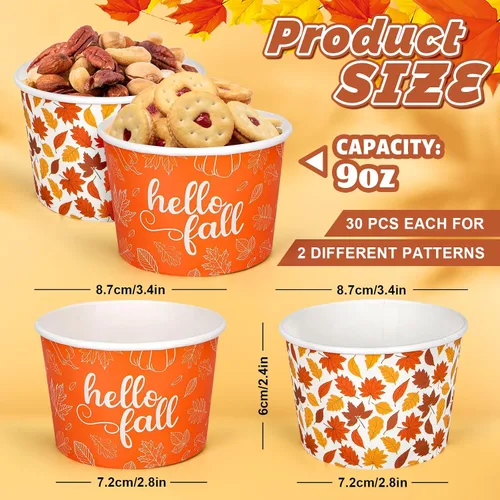 Miniatura 2 de Whaline 60 tazas de papel desechables con diseño de hojas de arce, cuencos de papel desechables de 9 onzas con hojas de otoño, tazas de papel