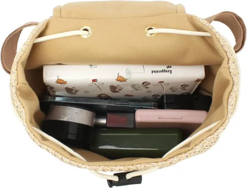 Miniatura 4 de Meyaus Mochila tejida de paja pequeña con borlas y cordón para mujer, Borlas Caqui, Mochilas Daypack