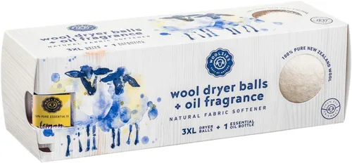 Woolzies Bolas secadoras de lana orgánica: paquete de 3 bolas de secado XL y aceite esencial 100% puro | Bolas suavizantes de tela de lavandería