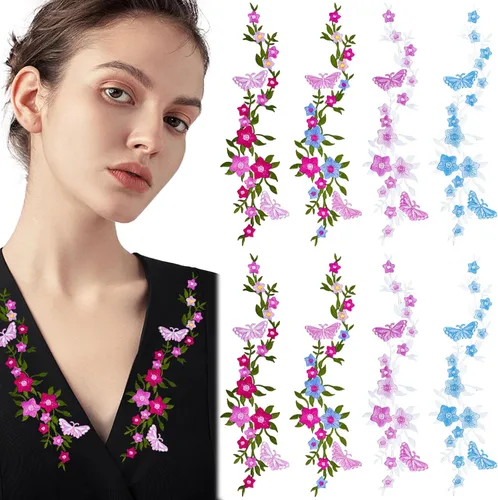 8 parches bordados de flores de mariposa, parches largos florales para planchar con apliques para coser en adornos, parches bordados para bricolaje,