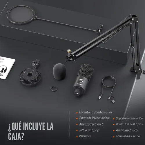 Miniatura 9 de FIFINE Micrófono USB de condensador de estudio, kit de micrófono para computadora con brazo de brazo ajustable, soporte de choque para instrumentos