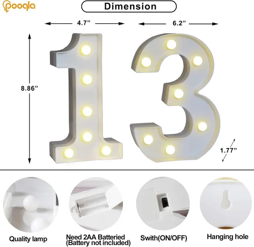 Miniatura 4 de Pooqla Decoraciones de cumpleaños número 13 para niñas y niños, número iluminado para decoración de mesa de fiesta, regalo de cumpleaños 13
