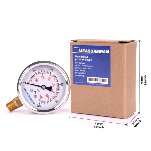 Miniatura 8 de MEASUREMAN - Manómetro de presión 1/4 NPT, manómetro de presión lleno de glicerina 0-100psi/kPa con esfera de 2.5 pulgadas y caja de acero