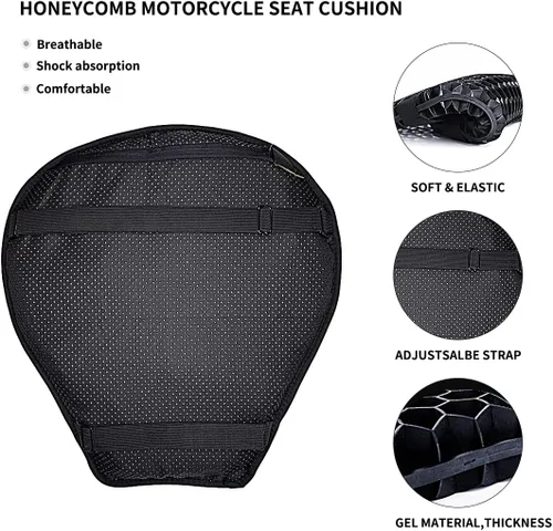 Miniatura 4 de Cojín universal de asiento de gel para motocicleta, cojín de asiento de panal 3D con funda de asiento de motocicleta para un viaje cómodo y largo