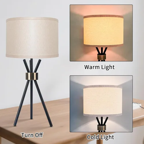 Miniatura 3 de Lámpara de mesa con trípode, cuerpo de metal con pantalla de tambor de lino, lámpara de mesa alta para dormitorio con enchufe E26, ideal para sala