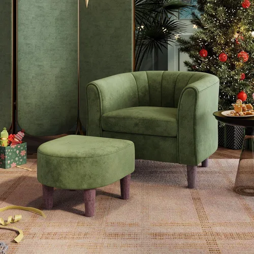 Miniatura 15 de LINSY Silla decorativa con otomana, sillón moderno, cómoda silla de lectura de barril con reposapiés para sala de estar, dormitorio, sala de Beige