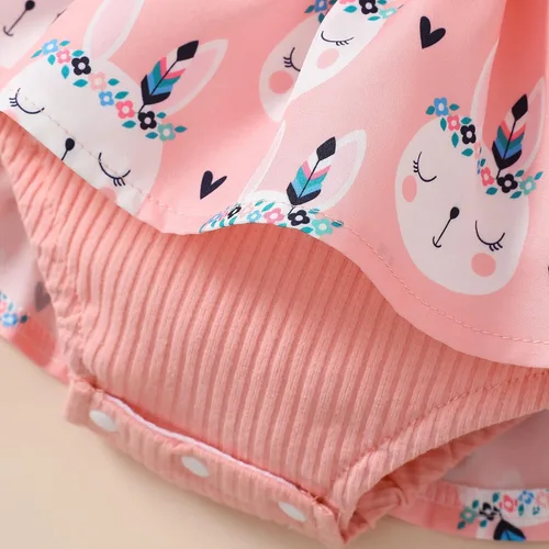 Miniatura 6 de Lindo mameluco para bebés y niñas con estampado de flores, encaje con volantes, lazo frontal, diadema