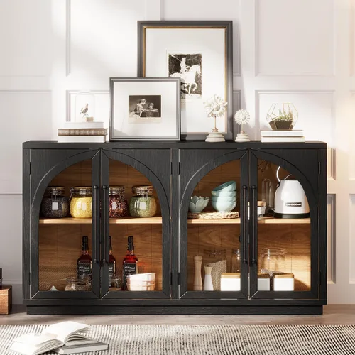 Miniatura 3 de SOFTSEA Tablero de tamaño de 60 pulgadas con puertas de vidrio arqueadas, aparador moderno de mediados de siglo con estantes ajustables para sala