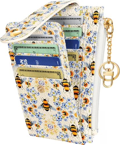 Miniatura 12 de Cartera delgada pequeña para tarjetas para mujeres – Linda cartera con llavero con bloqueo RFID que sostiene 7 tarjetas, diseño de moda de cuero