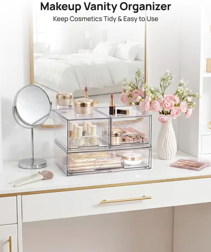 Miniatura 4 de Vtopmart Juego de 3 cajones de almacenamiento apilables, organizadores de plástico transparente para maquillaje, cosméticos, suministros de belleza