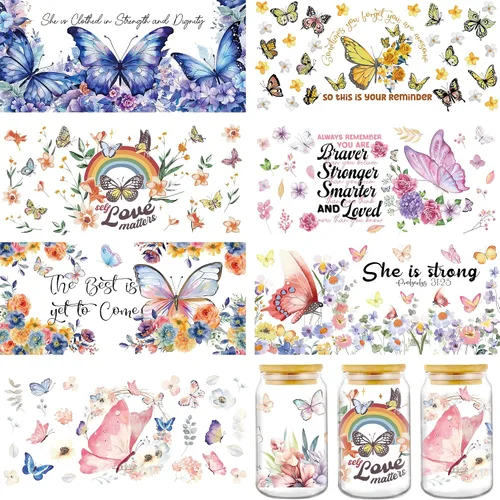 AFRITEE Envolturas de tazas UV DTF – 8 hojas de pintura de acuarela de mariposa azul rosa colorido flor floral mariposa frotar en transferencias UV