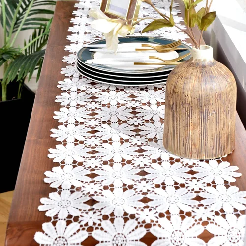 Miniatura 4 de Camino de mesa de encaje blanco para tocador, camino de mesa de margaritas de comedor de otoño, 13 x 35 pulgadas, mesa de café de té, decoraciones
