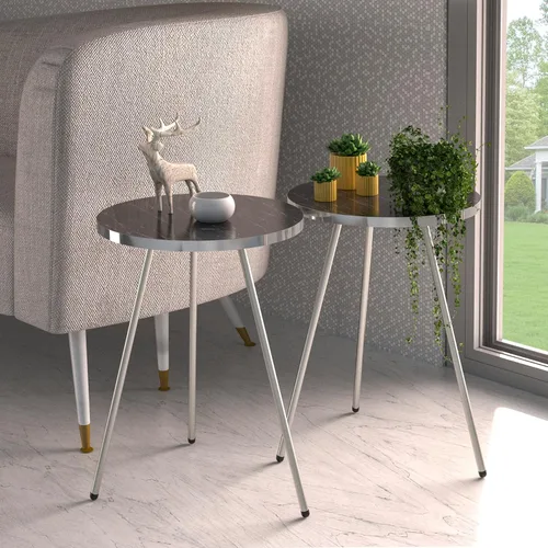 Miniatura 3 de Juego de 2 mesas auxiliares redondas de madera con aspecto de mármol, mesa auxiliar anidable para espacios pequeños, mesita de noche, mesa de noche