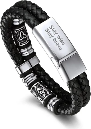 Miniatura 12 de Bandmax Pulseras de Puño de Cuerda de Cera Doble Negra para Hombres Impermeables de Acero Inoxidable Estilo Nórdico Nudo Celta Cuentas Pulsera