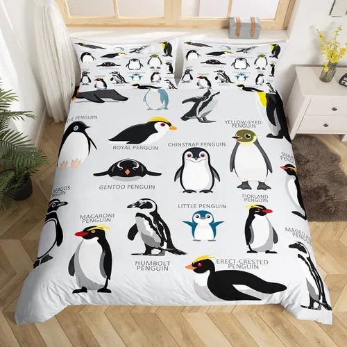 Erosebridal Funda de edredón de pingüinos tamaño Queen, juego de ropa de cama de pingüinos negros y blancos, funda de edredón de animales lindos