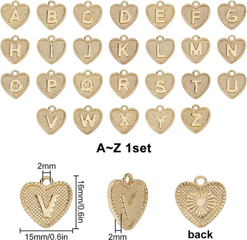 Miniatura 2 de SUNNYCLUE 1 caja de 26 dijes chapados en oro real de 18 quilates con letras de corazón a granel del alfabeto para pulseras, collares, dijes de copa