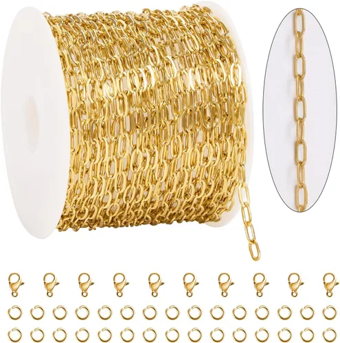 Miniatura 10 de KYUNHOO Cadena de acero inoxidable chapada en oro de 16.4 ft para hacer joyas, cadena ovalada en relieve de 0.157 in de ancho, cadena de joyería