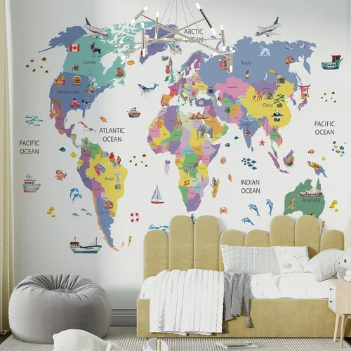 Miniatura 10 de Papel tapiz para habitación de niños, espacio de astronauta, mural de mapa gigante del mundo con países, papel tapiz para guardería, despegar