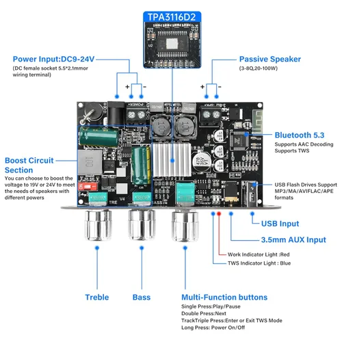 Miniatura 5 de Daakro 2 unidades ZK-1001U Mono Bluetooth Amplificador Board w/TWS, 100W Pico Power Home Audio Amplificador de Audio, Amplio Voltaje Entrada 9-24V