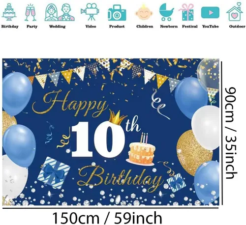 Miniatura 2 de Cartel de tela para decoración de cumpleaños número 10 para niños y niñas, cartel de tela de feliz 10 años, fondo de fotografía azul, suministros