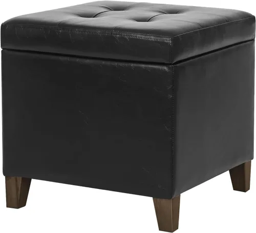 Miniatura 12 de Adeco Otomana moderna de cuero con ruedas, otomana cuadrada negra rodante de 18.8" con almacenamiento, taburete de tocador tapizado acolchado