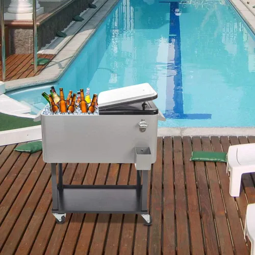 Miniatura 2 de SSLine Enfriador portátil para patio con ruedas, carrito de barra de bebidas frías al aire libre con estante de almacenamiento y abridor de Gris