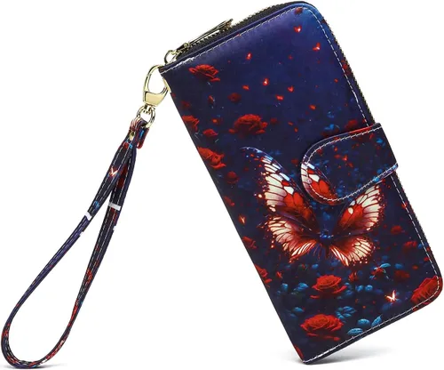 Miniatura 92 de Cartera de mano para mujer, estilo bohemio, con RFID, elegante, espaciosa con correa para viajes, capacidad para tarjetas, teléfono, dinero