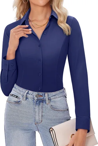 Miniatura 11 de Siliteelon - Camisas de vestir para mujer, manga larga, ajustadas, con botones, elásticas, sin arrugas, con cuello, para negocios, casual, blusa
