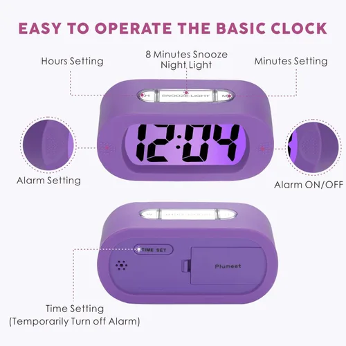 Miniatura 5 de Plumeet Reloj Despertador para Niños Grande Reloj Digital LCD de Viaje con Función de Repetición y Luz Nocturna - Sonido Ascendente y Tamaño de Mano