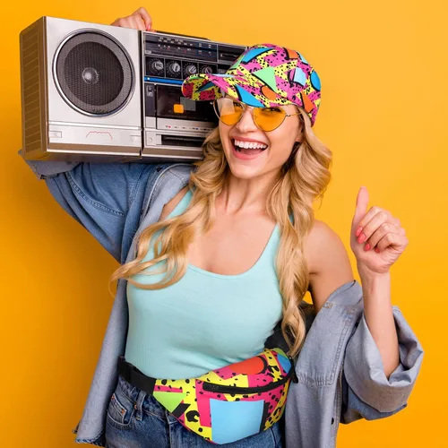 Miniatura 5 de Riñonera de 2 piezas de los años 80 y 90 para mujeres y hombres, traje de los años 90, sombrero de cintura ajustable, bolsa retro para hombre