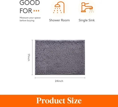 Miniatura 3 de Lifewit Tapete de baño extra suave, absorbente y lanudo de felpilla, tapete de felpa antideslizante para baño, bañera y ducha, color gris, 24 x 17