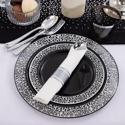 Miniatura 2 de NOCCUR Juego de vajilla de 210 piezas de color negro y plateado para 30 invitados, platos de plástico negro con borde plateado que incluyen 30 Negro