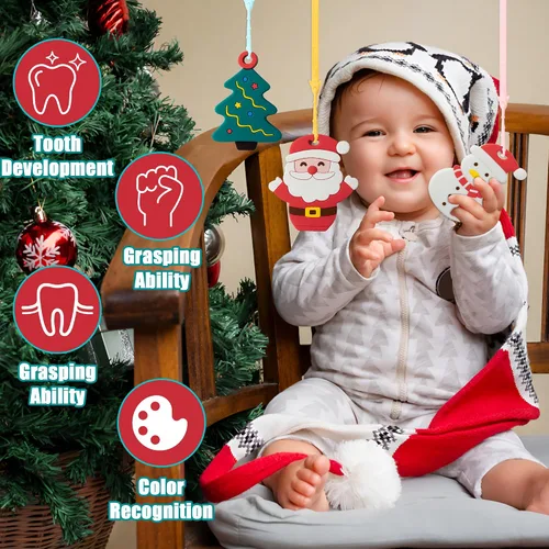 Miniatura 5 de 3 piezas de juguetes de dentición de silicona de Navidad para bebés, mordedores calmantes para la primera Navidad, diseño de muñeco de nieve suave