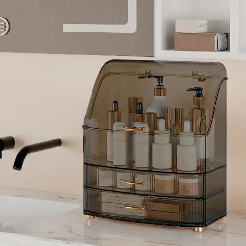 Miniatura 4 de Organizador de maquillaje para encimera de tocador con cajones, tapa transparente, impermeable y a prueba de polvo, almacenamiento de cosméticos