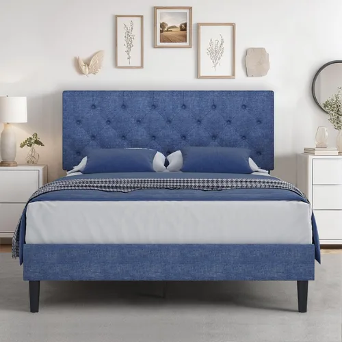 Miniatura 24 de HOMBCK Marco de Cama Queen con Cabecera Capitoné con Botones, Marco de Cama de Plataforma Tapizada Azul, Tela Suave/Soporte de Listones de Madera/No