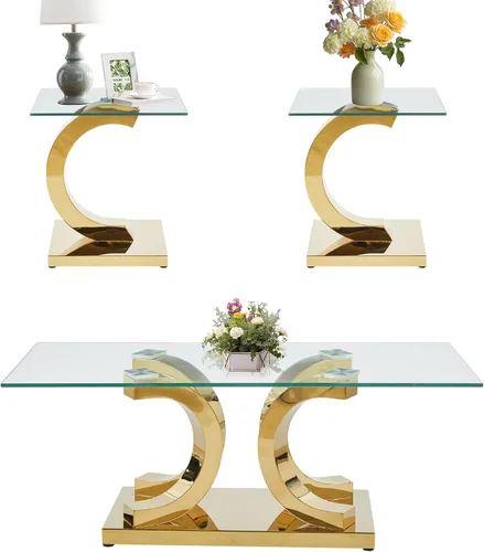 Miniatura 41 de SSLine Mesa auxiliar de cristal de lujo para sala de estar, mesa auxiliar moderna dorada con base de pedestal de acero inoxidable en forma de flor