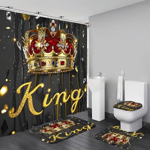 Miniatura 9 de AZHM Juego de cortina de ducha con estampado de corona dorada, accesorios de baño de lujo negros con cortina de ducha y alfombras