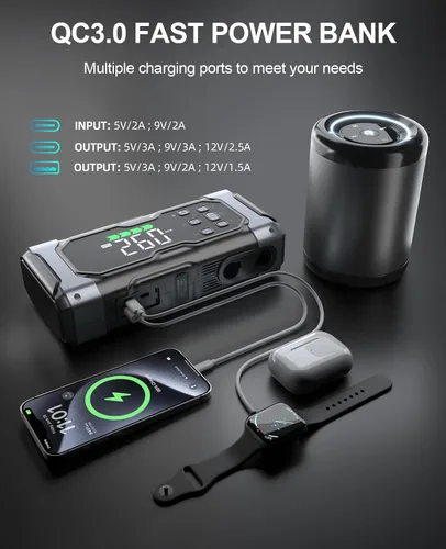 Miniatura 8 de Arrancador integral de 9000 A con compresor de aire/desinflador de 150 PSI, amplificador portátil de 12 V para automóvil