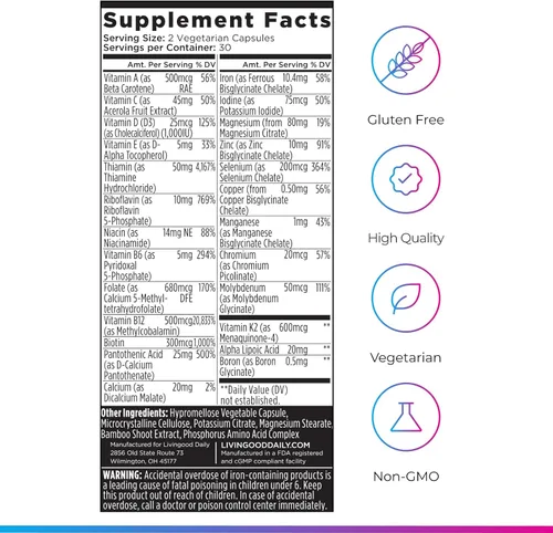 Miniatura 6 de Livingood Daily Multivitamínico metilado para mujeres y hombres, suplemento multivitamínico con ácido alfa lipoico, vitaminas B, hierro, zinc