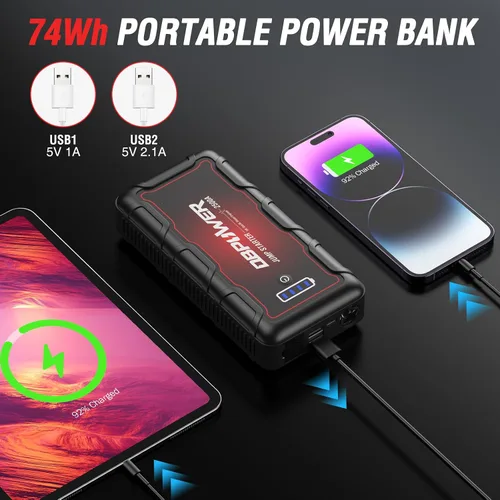 Miniatura 4 de DBPOWER Arrancador de auto portátil 2500A pico 74Wh (motores de hasta 10L de gasolina/8L de diésel) 12V paquete de batería portátil con cables