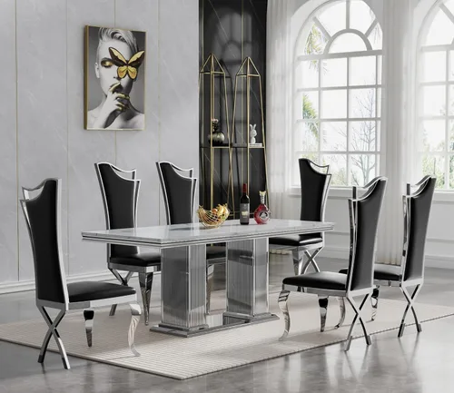 Miniatura 8 de Juego de mesa de comedor de mármol negro de lujo para 4, mesa de cocina dorada de 70 pulgadas y 4 sillas de cuero negro, juego de 5 mesas de comedor