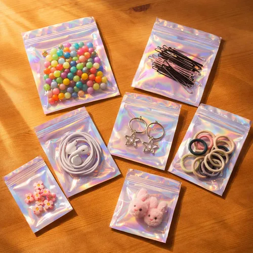 Miniatura 7 de Paquete de 150 bolsas holográficas de Mylar de 5 x 8 pulgadas con ventana transparente, pequeñas bolsas de papel de aluminio resellables
