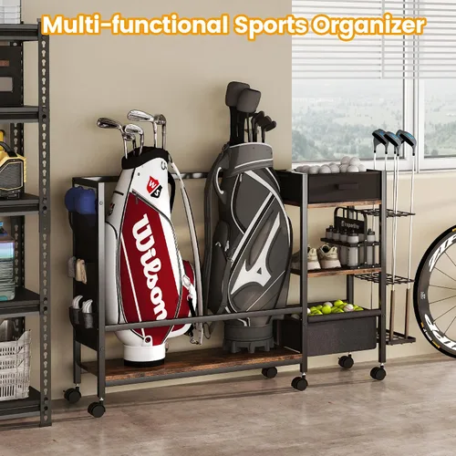 Miniatura 5 de Organizador de almacenamiento de bolsa de golf para garaje, organizador de golf con estante de golf adicional y bolsa lateral de tela para 20 palos