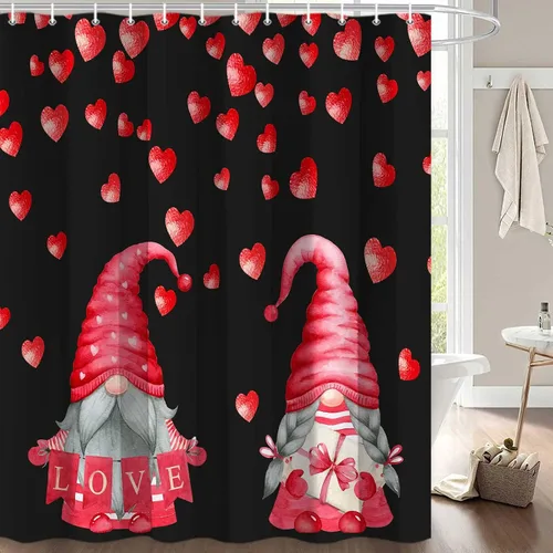 Miniatura 9 de Cortina de ducha de gnomo de San Valentín, decoración romántica de baño con corazones rojos, juego de cortinas de baño rojas y negras, decoración