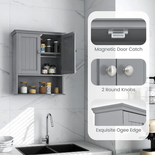 Miniatura 8 de Tangkula Armario de pared de baño, armario colgante de madera con puertas y estantes, gabinete de almacenamiento multiusos para aseo, cocina, sala