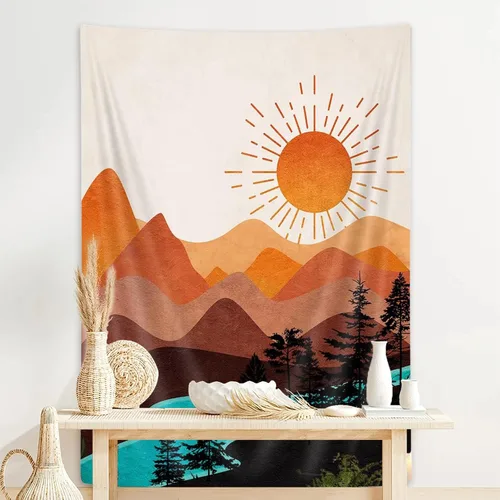 Miniatura 3 de DYNH Tapiz vertical bohemio de montaña, bosque natural, árbol, lago, sol, tapiz bohemio minimalista de mediados de siglo, tapiz para colgar