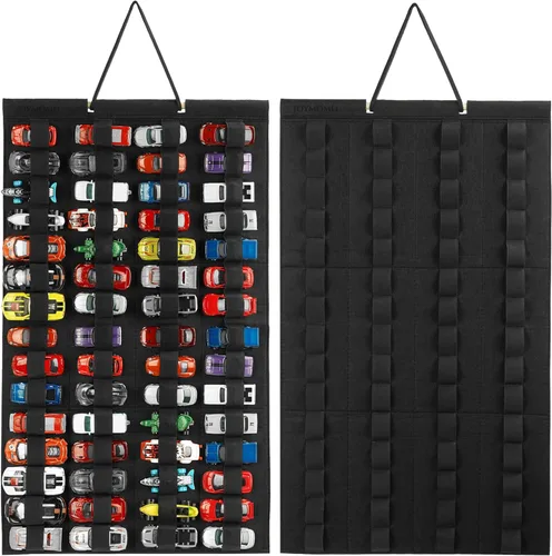 Organizador de almacenamiento colgante para autos de juguete, vitrina de fieltro con capacidad para 60 autos de juguete (sin accesorios) (negro)