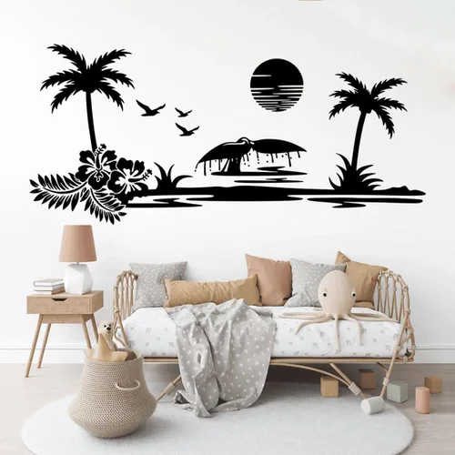 Gran playa paisaje palmera sol pared calcomanía cámper rv autocaravana océano camping viaje naturaleza pegatina dormitorio vinilo decoración YT6767