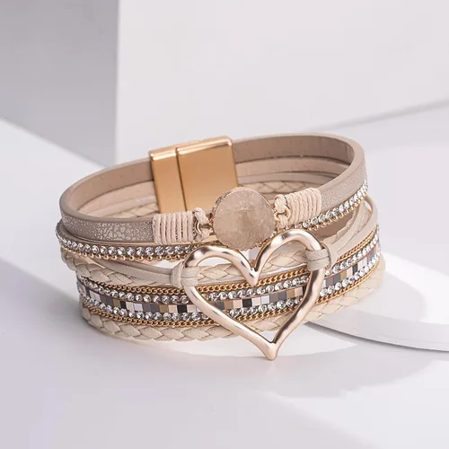 Miniatura 9 de FANCY SHINY Pulseras de cuero con forma de corazón, apilables, bohemias, pulseras de diamantes de imitación de resina de moda con cierre magnético