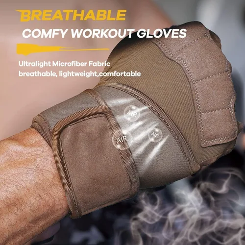 Miniatura 8 de Guantes de entrenamiento para hombre para levantamiento de pesas - Guantes de ejercicio para hombres y mujeres con soporte para muñequera, Marrón